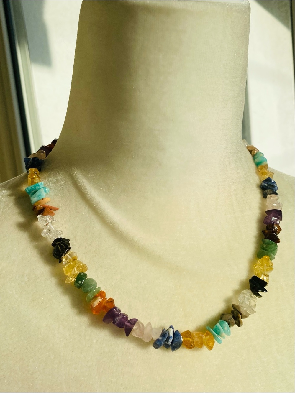 Multicolor Gemstone Chip Beaded Necklace Amethyst Quartz Turquoise 19”